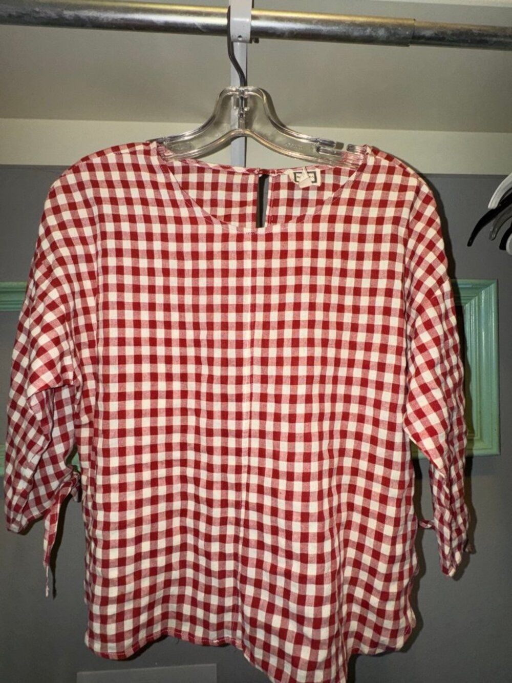 Mo:vint Red White Gingham Peasant Top S